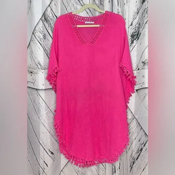Michael Stars Holly gauze tassel beach coverup pink OS - Picture 3 of 6
